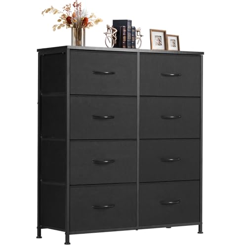 Sweetcrispy Dresser for Bedroom with 8 Storage Drawers, Tall Large Fabric Storage Tower Organizer, Chest of Drawers with Metal Frame Wooden Top for Closet, Living Room, Entryway, Black