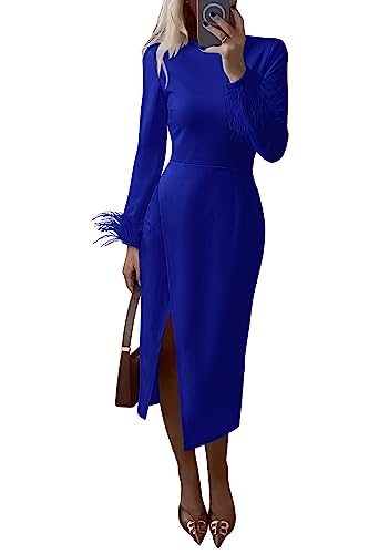 PRETTYGARDEN Women's 2024 Fall Long Sleeve Dress Formal Midi Bodycon Wrap Slit Feather Elegant Wedding Guest Cocktail Dresses (Blue,Small)