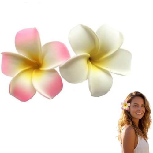 2Pcs 7cm Flower Hawaiian Frangipani Plumeria Clips and Barrettes Foam Head Flower Party Beach Hair Clip Hair Women's Fashion Clips Hair Accessories (White+Pink)