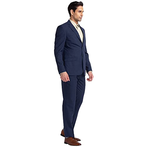Image of Raymond Men's Contemporary Fit Poly Wool Blend Notch Lapel Checks Pattern Full Sleeve Dark Blue Formal Suit