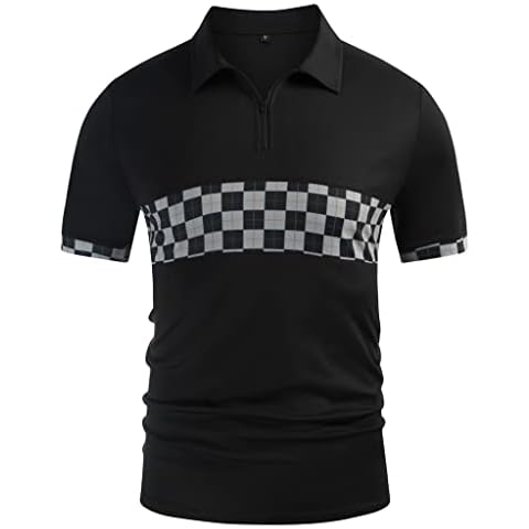 Checkerboard Patchwork Polo Shirt Short Sleeve Lapel Zip Neck Men's Top M Black Cover