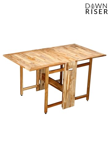 Image of Two-Side Folding Teakwood Table - Space-Saving Design, Sturdy Build, Adjustable Levelers, Multi-Purpose Dining, Work, Study, Easy Assemble, Compact Indoor Outdoor Use - DIY Model - Natural - Dawnriser