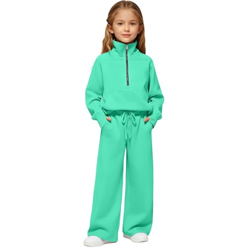 TYUSGH Conjunto de chándal para niñas y niños, sudadera con media cremallera y pantalones deportivos, conjunto completo de 2 piezas, sudaderas con capucha y joggers, ropa deportiva para niños, verde