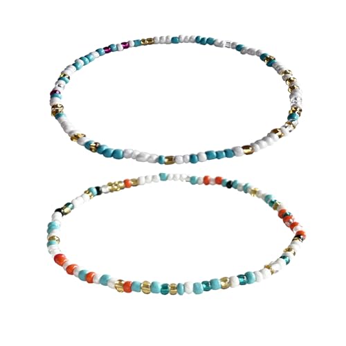 Lubrifico Boho Beads Anklets Set of 2pcs Waterproof Beach Adjustable Stretch Imitation Turquoise White Pearls Bracelets for Women Handmade Jewelry Gifts (Mixed colours)