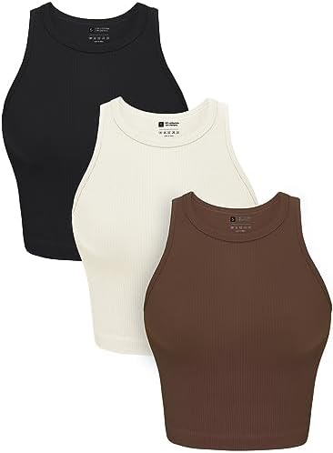 OLCHEE Womens 3 Pack Crop Tank Tops Basic Seamless Ribbed Round High Neck Racerback Workout Top Summer Causal Yoga Gym Shirts