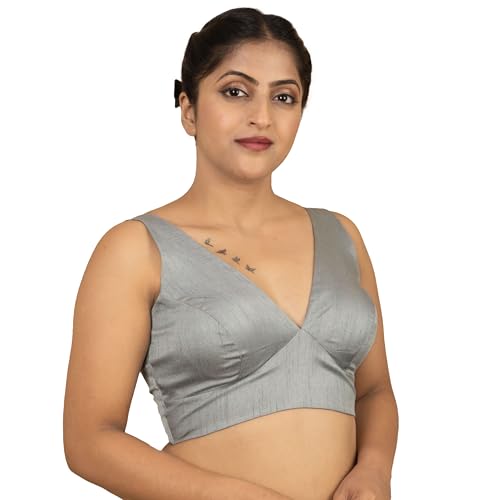 Women's Dupion Raw Silk Sleeveless V Neck Sabyasachi Cut Readymade Saree Blouse Padded Stitched Lining Designer Indian Festive Blouse | S4