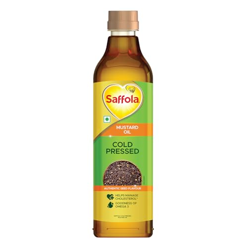 Image of Saffola Cold Pressed Mustard Oil | 100% Cold Pressed Mustard Seed Oil | Kachi ghani Mustard Oil, 0 trans fat, Unrefined, Chemical free | Helps Manage Cholesterol, Goodness of Omega 3 with Authentic Seed Flavour | 1L Pet Bottle