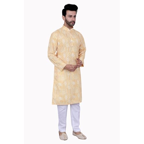 Cotton Blend Printed Knee Length Kurta for Men, Mandarin Collar, Full Sleeves3