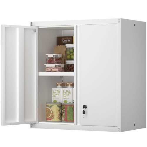 Image of Metal Wall Cabinet, Steel Locking Cabinet for Office, Home Office Cabinets with Doors and Shelves, Garage Cabinets for Utility Room, Laundry Room