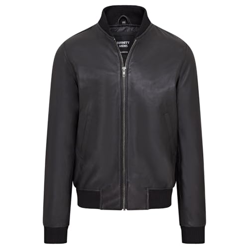 Infinity Leather Chaqueta bomber universitaria MA-1 de cuero suave negro para hombre
