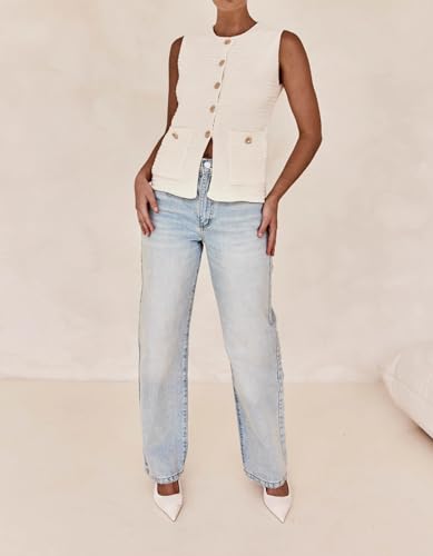 Image of Womens Sleeveless Sweater Vest Button Down Crew Neck Knit Casual Cardigan Tank with Pockets