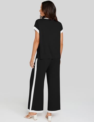 UEU Women 2 Piece Outfits Lounge Set Summer Short Sleeve Sweater Knit Tops Wide Leg Pants Matching Loungewear Set4