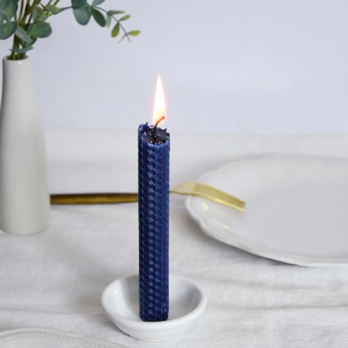 DEYBBY Natural Beeswax Taper Candles,Honeycomb Hand Rolled Beeswax Candles, Dripless and Smokeless Candle, Set of 6 Flat Top(Blue)