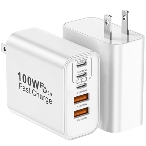 Image of USB C Charger Block, 2-Pack 100W 5-Port USB C Wall Charger iPhone Charger Fast Charging PD Power Adapter+QC Wall Plug Multiport Type C Brick Chargers for iPhone 17 16 15 14 13 Pro Max,Samsung,MacBook