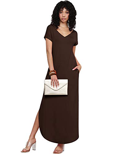 MBJ WDR2168 Women's Summer Casual Loose Pocket Long Dress Short Sleeve Split Maxi Dresses S Brown