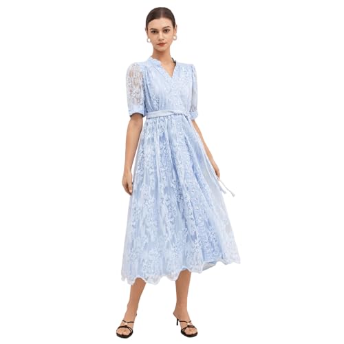CHICWISH Women Floral Embroidery Mesh Overlay Long Dress Casual V Neck Short Sleeve Belt Buttoned Summer Midi Dress Baby Blue at Amazon Women's Clothing store