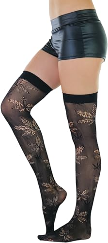 Image of ToBeInStyle Women's Thigh High Stockings Bodystocking Tights Medicinal Cannabis Marijuana Weed Leaf Print Festival Hosiery