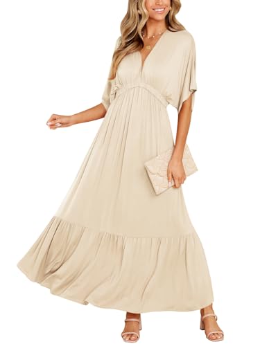 DEEP SELF Women’s Summer V Neck Batwing Short Sleeve Maxi Dress Casual Loose High Waist Flowy Long Beach Dress