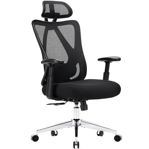 Sweetcrispy Home Office Desk Chair, Ergonomic Rolling Work Swivel High Back 135°Tilt Function Big and Tall Computer with Wheels, 2D Armrest Adjustable Lumbar Support & Headres, Dark Black