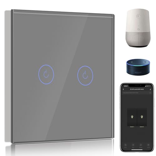 BSEED Smart Light Switch,Compatible with Alexa and Google Home,2 Gang 1 Way WiFi Touch Switch,2 Way or Multi-Way Control by SmartLife APP,Grey Alexa Switch with LED Indicator Light-Neutral Wire Need