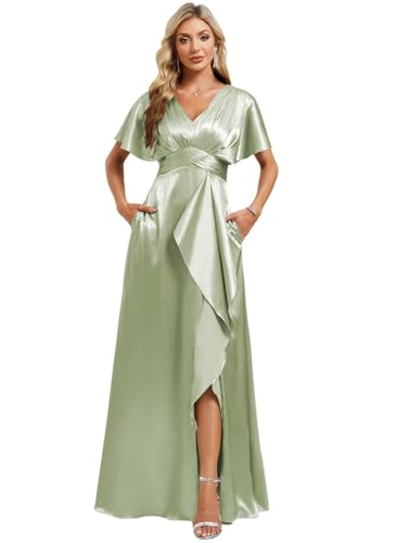 Image of Elegant Satin Bridesmaid Dress with Sleeves Ruffles High Silt Formal Dresses Long for Women Fall DIN022