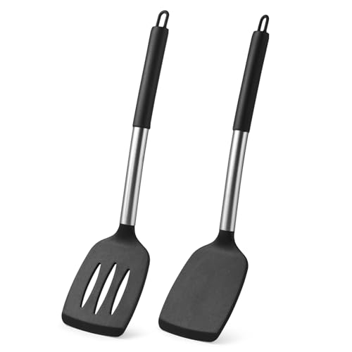 FHISKUNYU Juego de 2 ​Espátulas de Silicona para Cocina – ​Lengua de Silicona Antiadherente con Diseño Perforado, Mango Cómodo y Orificio para Colgar, Silencioso & Resistente al Calor