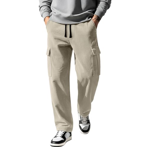 August Alley Mens Corduroy Cargo Pants Drawstring Elastic Waist Baggy Sweatpants Casual Loose Fit Wide Leg Pant with Pockets(Apricot,X-Large)