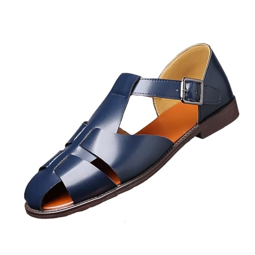 Image of Men's Leather Hollow Flat Fisherman Sandals with Buckle Comfortable Round Toe Breathable Low Heel Non-slip Roman Sandals for Leisure, Work, Driving