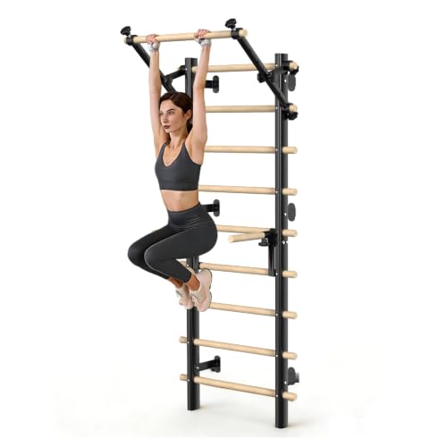 Ceepxeen Swedish Ladder Stall Bars for Home Gym, 300 LBS Wall Mounted Gym with Adjustable Pull Up Bar, Dip Station & Straps for Calisthenics, Strength Training, Stretching, Mobility & Home Workouts by Ceepxeen - Used condition - US$169.12
