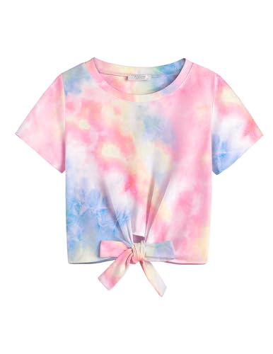 Image of Arshiner Girls Short Sleeve Shirts Tie Knot Front Tops T Shirts for Kids Crewneck Cute Casual Tie Dye Tee Blouse