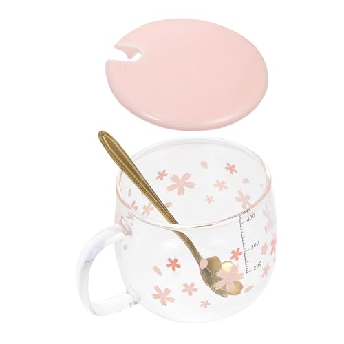 DECOMELODY 大容量ガラス製水カップ 桜模様付き目盛り入り コーヒー ミルク兼用マグカップ シンプルで滑らかな表面 持ちやすいハンドル付き午
