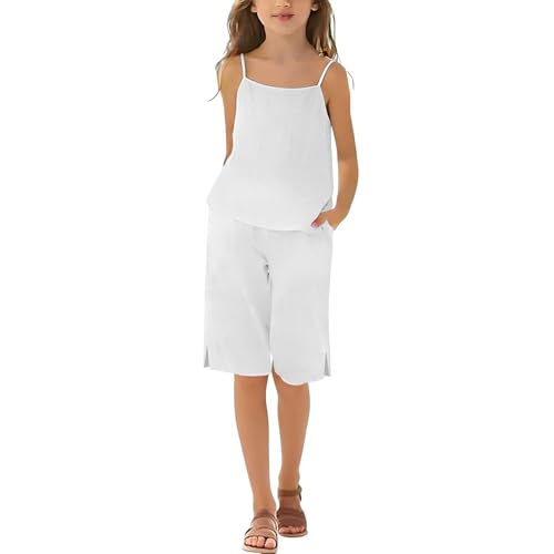 Girls Clothing Set Casual Clothes Sleeveless Spaghetti Strap Back Tank Crop Top Short Pants Teen (White-2, 5-6 Years)