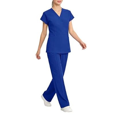 Oplxuo Women's Scrubs Set V Neck Short Sleeve Top Multi Pocket Straight Leg Pants Stretch Breathable Nurse Uniform Workwear