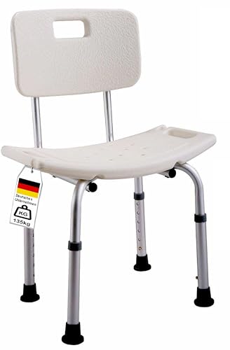 Izzy Duschstuhl für Senioren mit Rückenlehne, höhenverstellbar 39-5 2 cm bis zu 135 kg belastbar, getestet nach EN12182 und EN12520 (Duschstuhl mit Rückenlehne)
