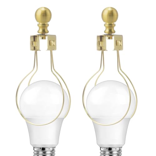 Asjeumt 2 Pieces Lamp Shade Light Bulb Clip Adapter Kit, Antique Brass Lampshade Holder with Round Top Finial, No Harp Required, Clip on Bulb, DIY Replacement Repair Table & Floor Light Metal Parts