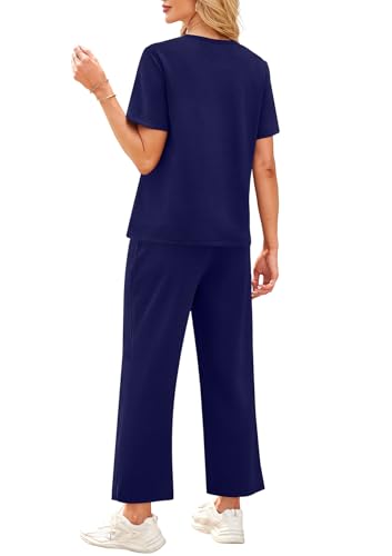Image of WIHOLL 2 Piece Sets for Women Casual Summer Travel Vacation Outfits Short Sleeve Wide Leg Crop Pants Lounge Sets
