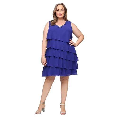Image of S.L. Fashions Women's Chiffon Tiered Jacket Dress with Beaded Neckline Mother of the Bride, Cocktail, Or Wedding Guest Dress
