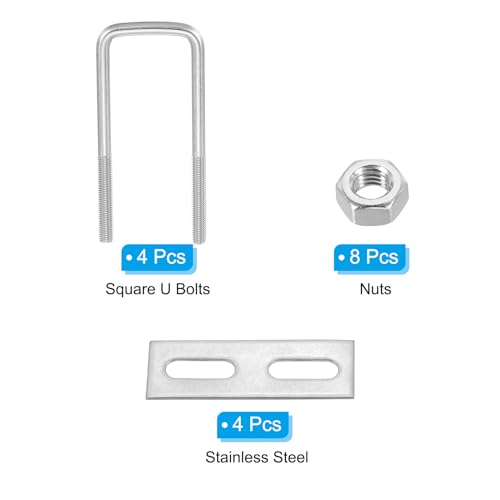 Image of PATIKIL M8x40x100mm Square U-Bolts Kit, 4Set 304 Stainless Steel Square U Shaped Bolts Replacement Parts with Frame Plates and Nuts for Ski Board Sailboat Trailer