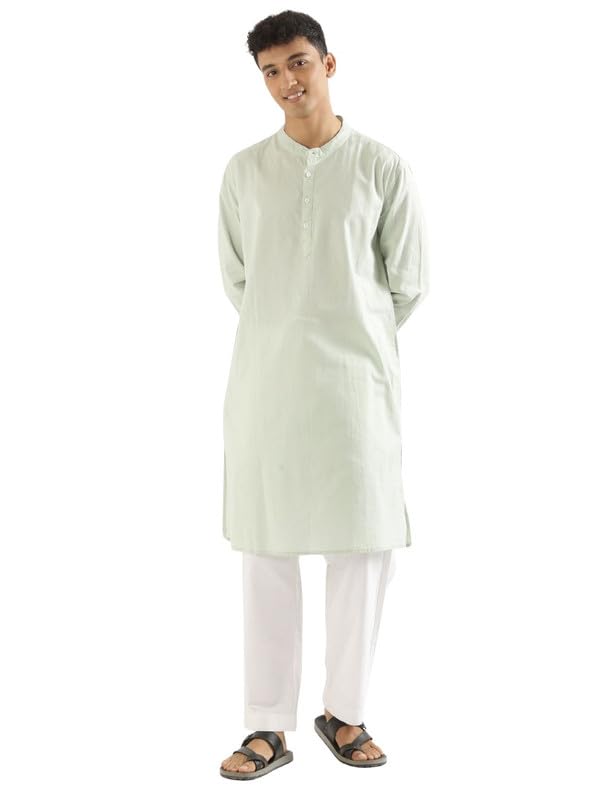 Image of SAADAA Men's Long Kurta - Linen Cotton Blend, Airy Fabric, Regular Fit, Mandarin Collar, Solid Color - Casual, Festive & Ethnic Wear