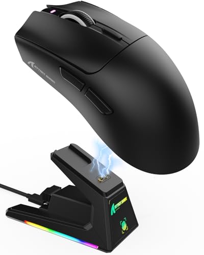 ATTACK SHARK X1 Ratón para Juegos con Base de Carga Magnética, Sensor PixArt PAW3395PRO, 40000DPI, Bluetooth/2,4G Wireless/Wired, 53g Superligero, Microinterruptores de 100M para PC/Xbox/Mac (Negro)