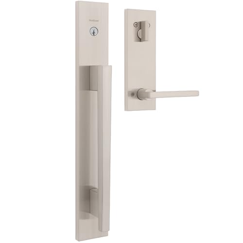Image of Kwikset Caerus Front Door Lock Handle and Deadbolt Set, Entry Handleset Exterior with Interior Lever, Satin Nickel, SmartKey Re-Key Security, with KwikSlide, Door Handle Backplate Full Escutcheon