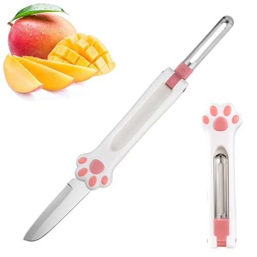 Siutco Paring knife fruit knife 2 in 1 stainless steel fruit knife folding portable cat claw fruit knife is suitable for kitchen, picnic, party, travel., Small, Pink/White, msgd-c71