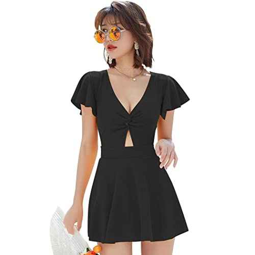 Teddy 水着ワンピース レディース 体型カバー ハイウエスト フレアスリーブ プランジングネック 大きいサイズ hys2537 (ブラック, 4L(15号))