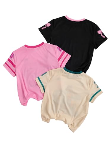Image of RoseSeek Girl's Shirts 3 Packs Star Butterfly Graphic Tees Crew Neck Short Sleeve T Shirt Casual Tops