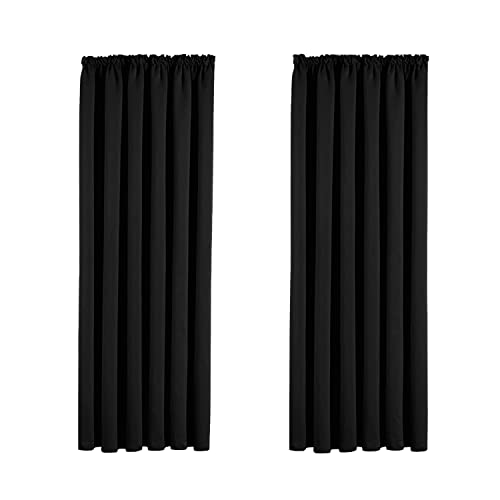 Aspire Homeware Blackout Curtains for Living Room Pencil Pleat Black Bedroom Curtains Window Treatments Pair of Thermal Tape Top 46 x 54 inch Drop Short Kitchen Curtain Pair Panel + Tie Backs