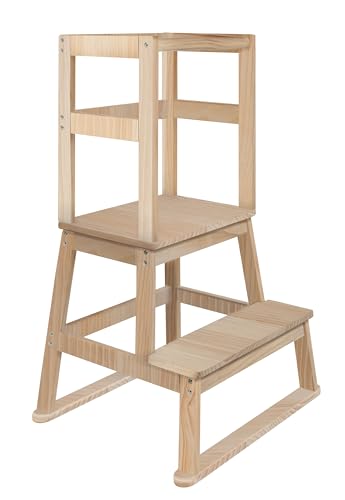 BOMI® Swubi Montessori Lernturm ab 1 Jahr | Sicherer Tritthocker Kinder 2 Stufen | Learning Tower für Kind & Baby aus Holz | Schemel, Lernstuhl als Stehhilfe, Kinderhocker Holz Natur