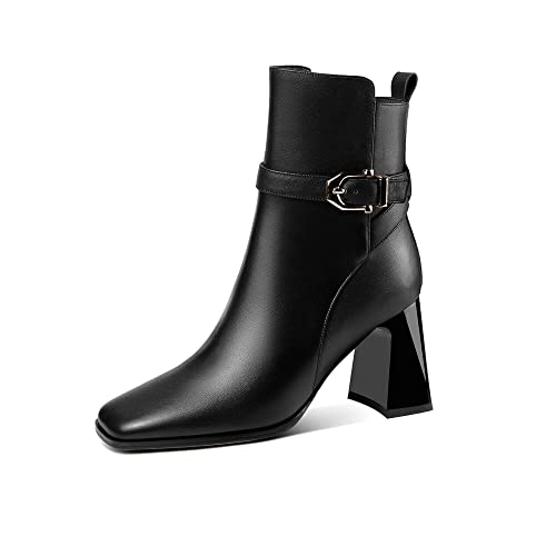 TinaCus Handmade Women's Genuine Leather Ankle Strap Side Zipper Square Toe High Block Heel Short Boots Shoes