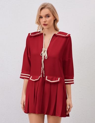 Image of Women Cute Ruffle Tunic Mini Dress Summer Pleated Babydoll Shirt Dress Casual Loose V Neck 3 /4 Sleeve Short Sundress