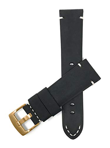 Mens Distressed Leather Watch Band, Replacement Strap Black/Gold 24mm
