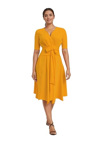 Image of Comfortable Dresses for Women Stretchy Flattering Fit Wrap Dress V Neck Short Sleeve Tie Waist Daily Wear Work Vacation